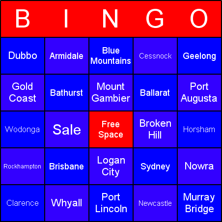 Australian cities Bingo Card