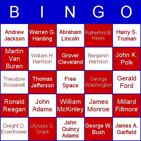 US Presidents Bingo Card