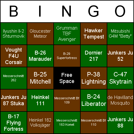 World War II Aircraft Bingo Card