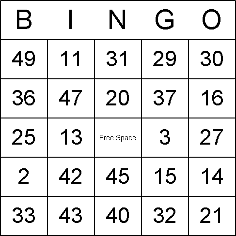 Number Bingo Card